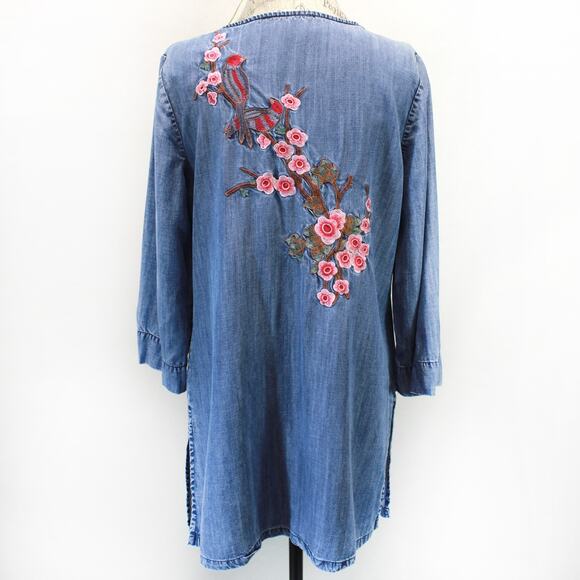 Soft Surroundings Denim Prairie Girl Japan Floral Print Tiered Dress Y2K Medium - Picture 5 of 7